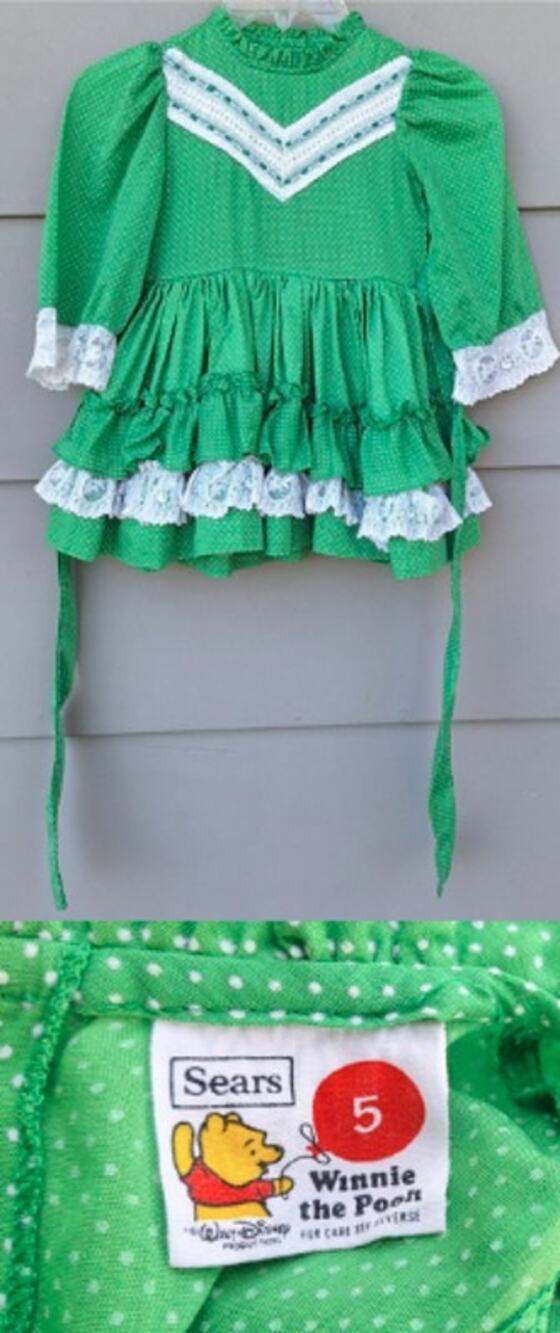 Vintage Sears Winnie the Poo Girls Ruffle Dress Green Polka Dots Lace 60s 70s 5